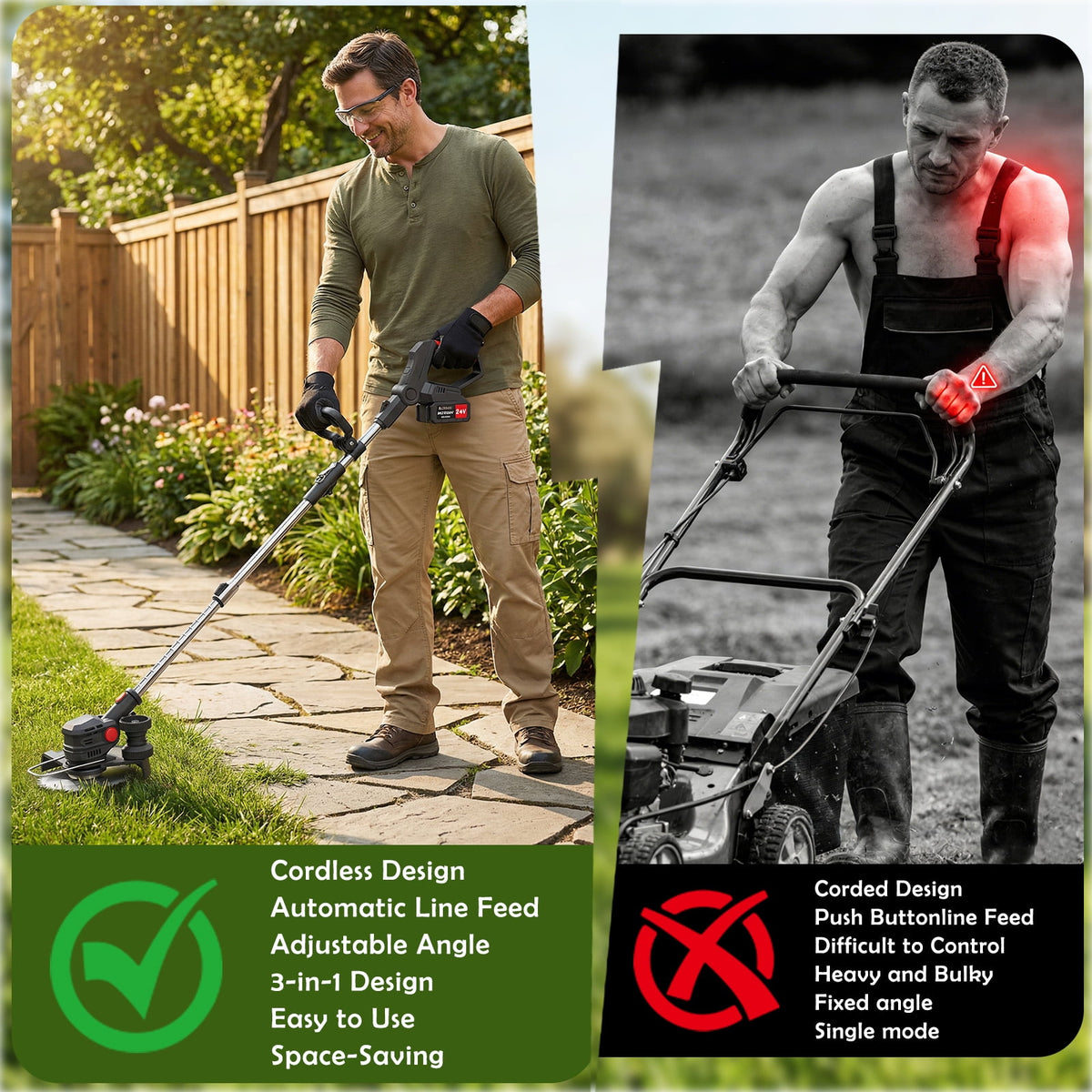 Electric Cordless Weed-Eater, 4.0Ah Cordless Weed Wacker String Trimmer, 24V Grass Trimmer with 2 Battery, Charger Included