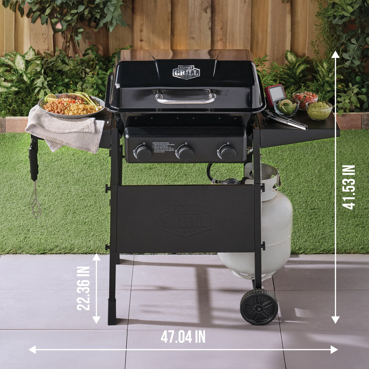 Expert Grill 3-Burner Propane Gas Grill with Side Shelves and Wheels, Black