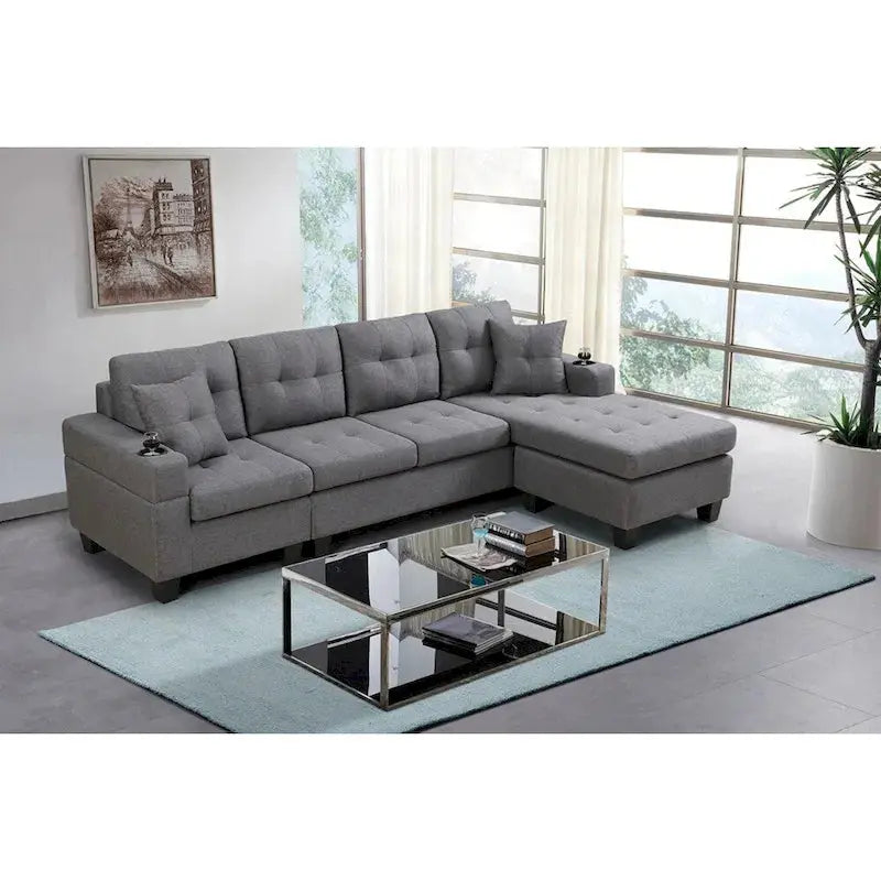 Contemporary L-Shaped Sectional Sofa With Cup Holders, Storage Chaise, Grey Or Black