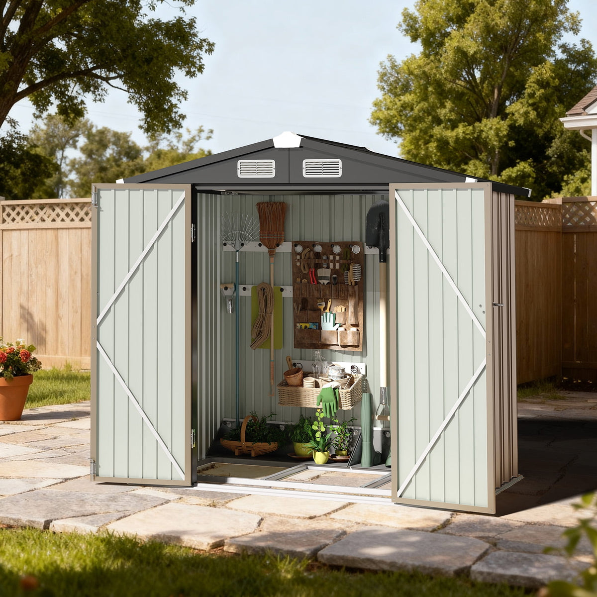BaPiPro 6.2x4 FT Outdoor Storage Shed with Integrated Base - Heavy-Duty Metal Garden Tool Shed with Vents & Secure Locking Doors, Stable Frame