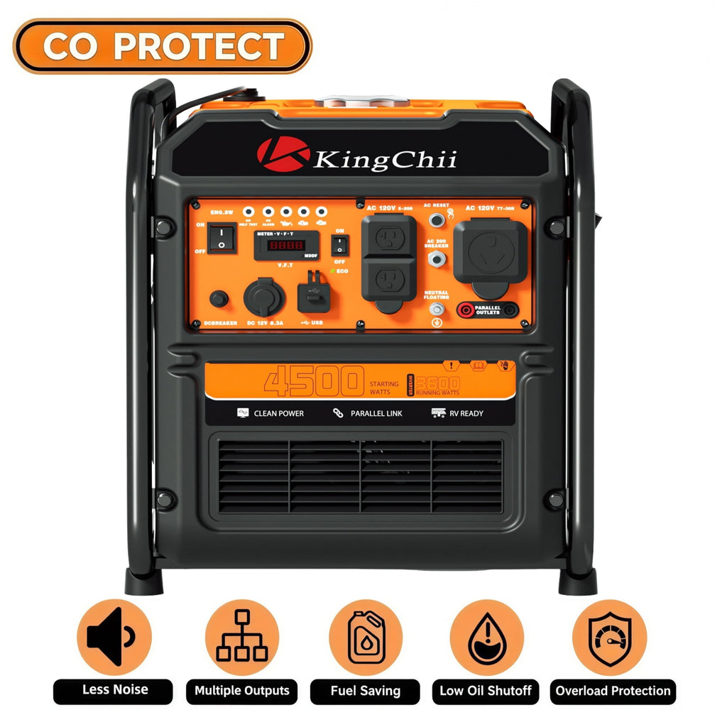 KingChii 4500W Inverter Generator Gas Powered, CO Sensor, ECO Mode, 30A RV Ready Outlet, Portable Outdoor Power Equipment for Camping & Home Backup