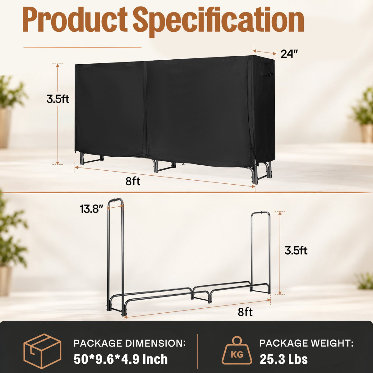 SPECSTAR 8ft Heavy Duty Indoor Outdoor Firewood Storage Log Rack with Cover Combo Set Black