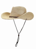 COOPLUS Straw Cowboy Hat for Women Western Cowgirl Adjustable Chin Strap Hats for Summer