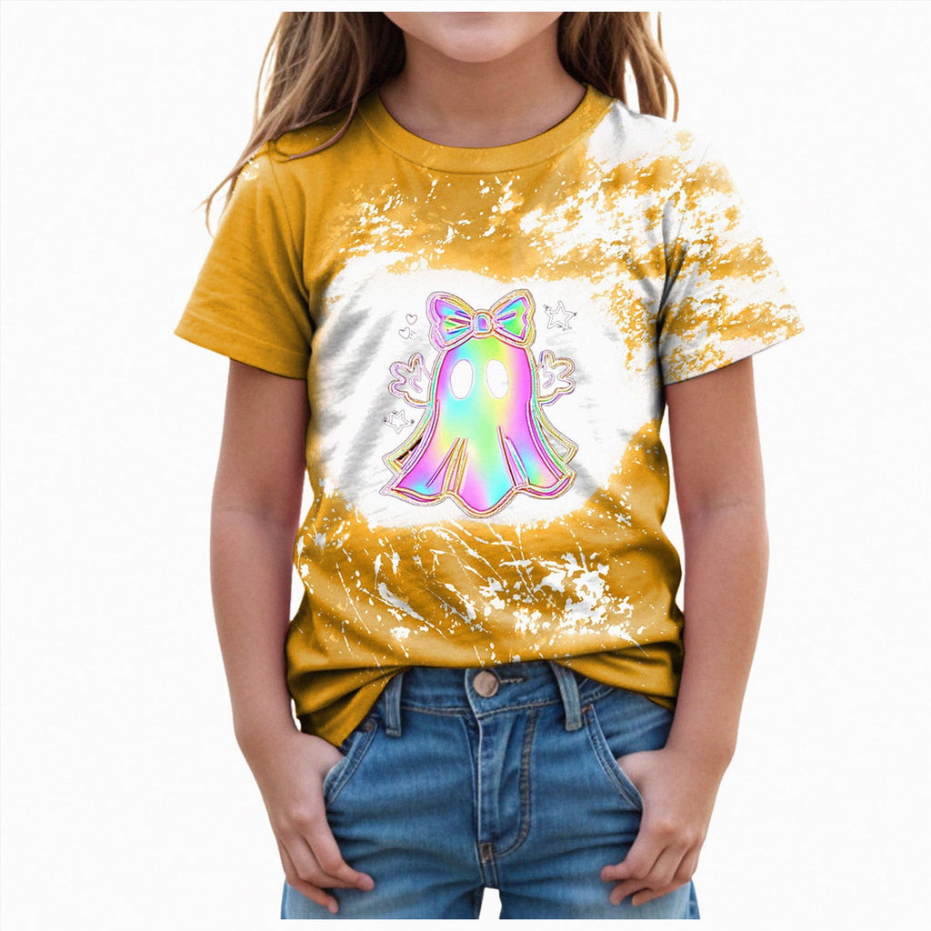 CAUYDY Halloween Ghouls Ghost Retro Girl Kids T-Shirt Graphic Tshirt Little Kids Fall Short Sleeve Tee Tops(Orange, 8-9 Y)