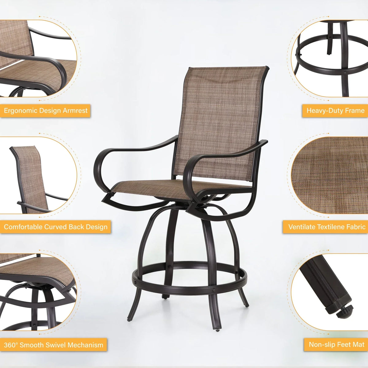 Sophia & William 2 Piece Outdoor Swivel Bar Height Stools - Textilene