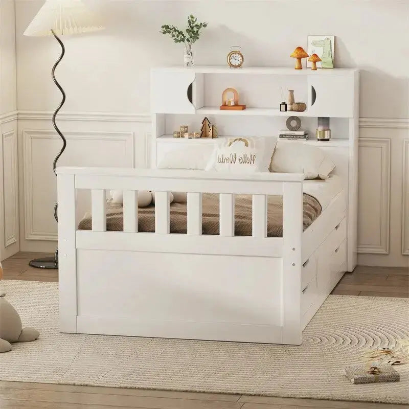 Twin/Full Captain Bed With 4 Drawers And Bookcase Headboard - Solid Wood Platform Frame
