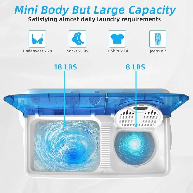 2-in-1 Portable Twin Tub Washing Machine, 18 lbs Wash/8 lbs Spin, Blue - 280 W