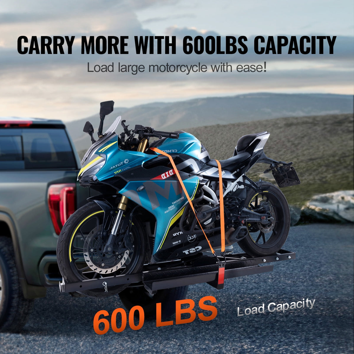 KFFKFF Steel Motorcycle Carrier, 600 LBS Capacity, Includes Ramp, Tie-Down Straps & Stabilizer, Fits 2" Hitch Receivers on Cars & Trucks