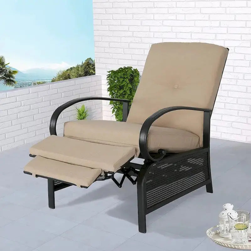 Adjustable Outdoor Reclining Lounge Chair With Cushions, 38 in D x 26.5 in W x 38.5 in H