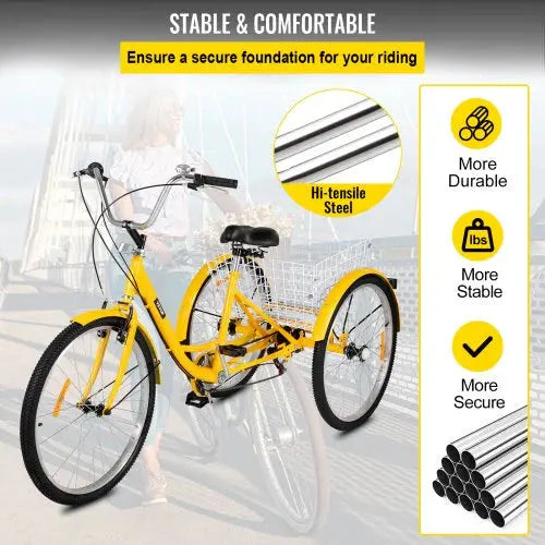 26-Inch 7-Speed Adult Tricycle With Front Basket And Shopping Rack