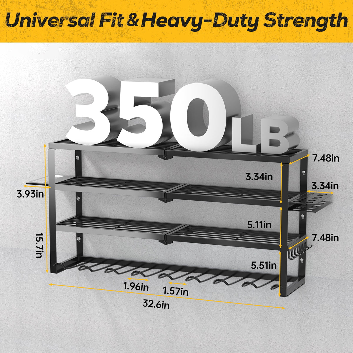 Riousery Power Tool Organizer Wall Mount, 4-Tier Heavy-Duty Carbon Steel Storage Rack with 8 Drill Holders, 3 Side Hooks, 350 LBS Capacity