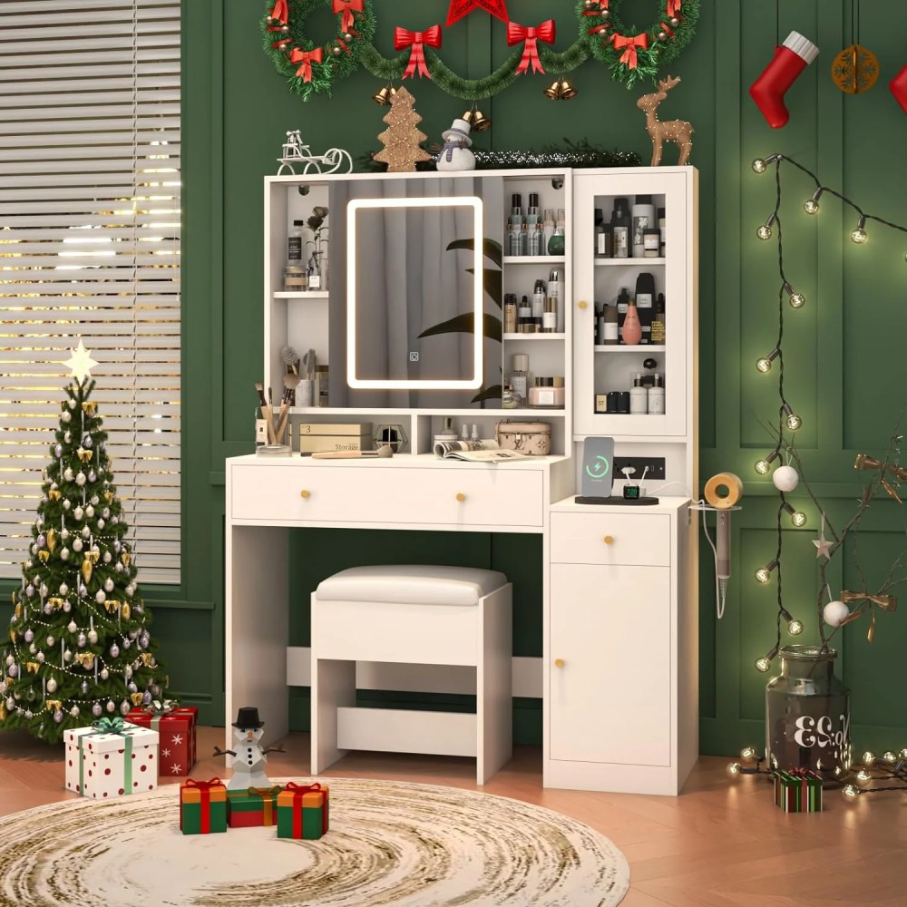 White Vanity Desk With Sliding LED Mirror, Charging Station, 2 Drawers, 2 Doors And Cushioned Stool - 15.7'D x 43'W x 57'H