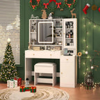 White Vanity Desk With Sliding LED Mirror, Charging Station, 2 Drawers, 2 Doors And Cushioned Stool - 15.7'D x 43'W x 57'H