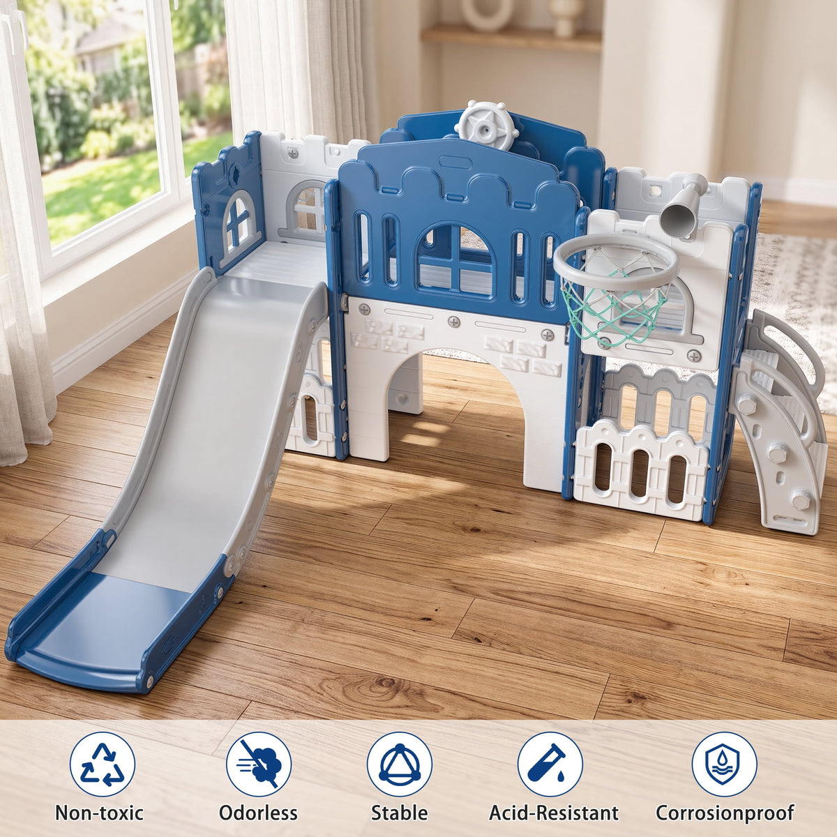 Vipuse 9 in 1 Toddler Slide Playset for Kids Indoor/Outdoor for Toddlers Age 1+, Blue & Gray