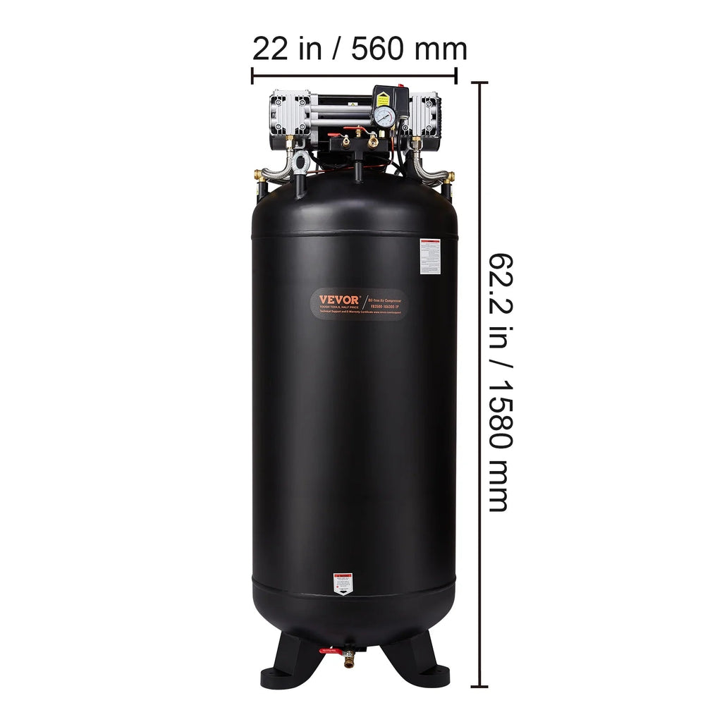 VEVOR 80 Gallon Oil-Free Air Compressor, 6.5 HP, 15.5 SCFM at 90 PSI, 145 PSI - FB3500-10A300-1P