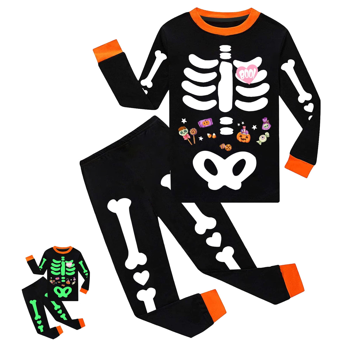 Rimyaw Kids Halloween Pajamas Set, Glow in the Dark Skeleton Sleepwear, 2-Piece cottom Long Sleeve PJs for Boys and Girls, Black