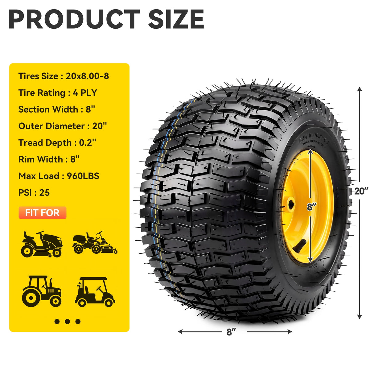 Dextrus Set of 2 20x8.00-8 Lawn Mower Tire & Wheel Assembly, Heavy Duty 4 Ply Tubeless Front Replacement Tires, 960 LBS Max Load for Riding Lawn