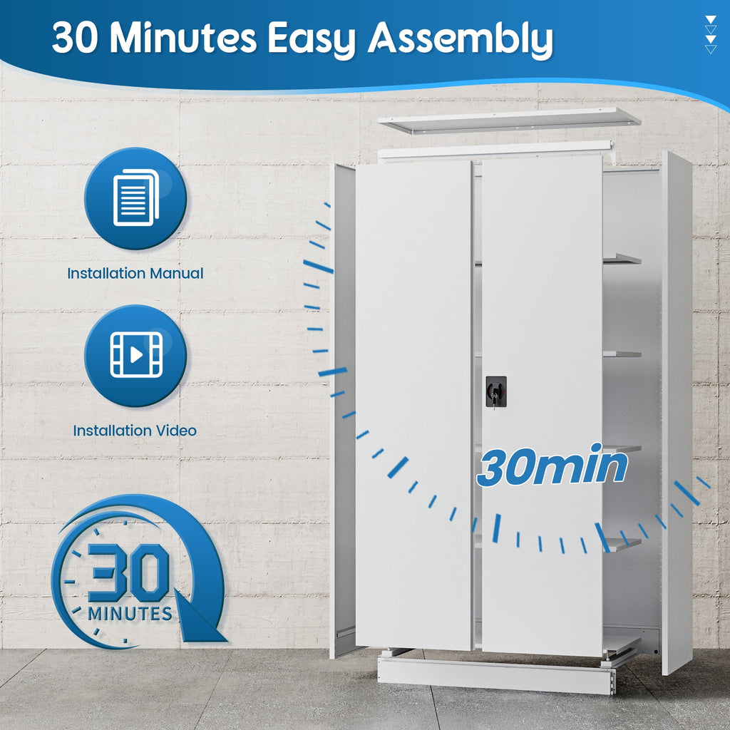 Fesbos Metal Garage Storage Cabinet,71" H Tall White Cabinet with 2 Doors and 4 Adjustbale Shelves,Lockable Tool Cabinet for Garage, Basement, Home