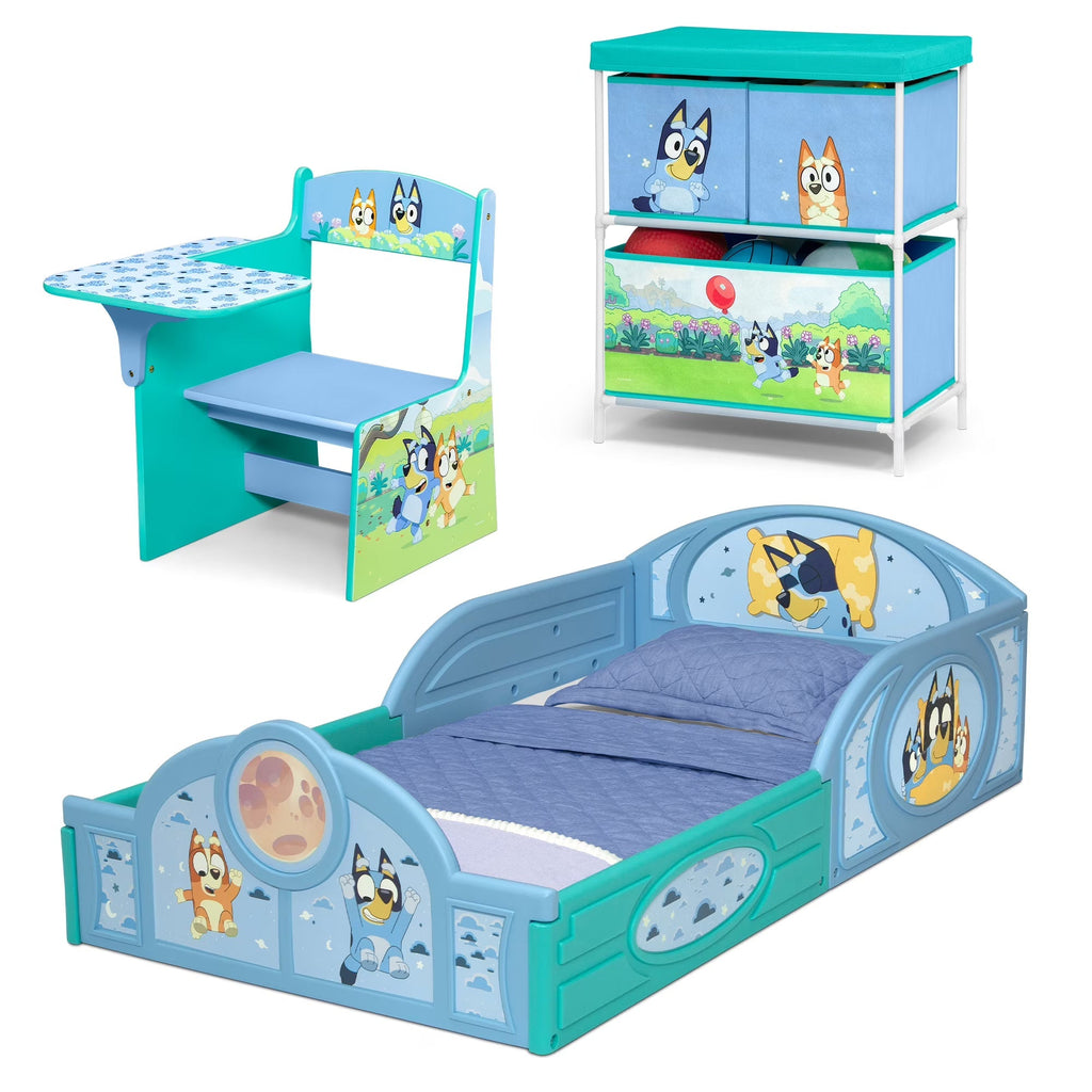 Delta Children Bluey 3-Piece Toddler Bedroom Set With Bed, Chair Desk And Toy Organizer - Blue