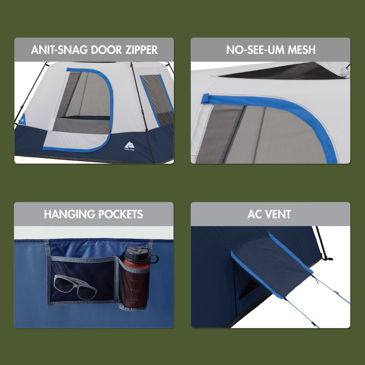 Ozark Trail 8 ft x 7 ft 4-Person Instant Cabin Tent with LED Lighted Hub, Blue/Gray, 19 lb