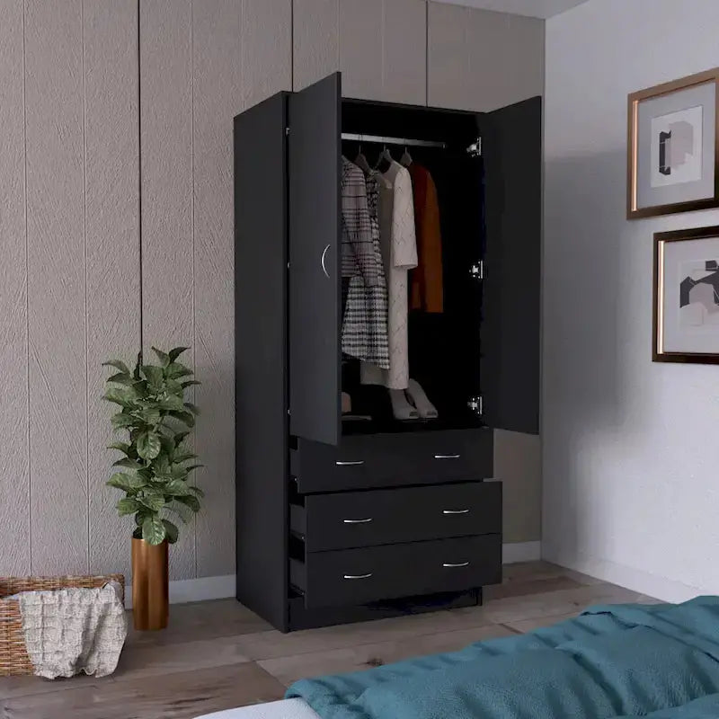 Devali Blue Double-Door Armoire Wardrobe Cabinet With Hanging Rod And Three Drawers - 19-Inch Wide