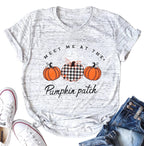 KimSoong Women Halloween Shirt Plaid Pumpkins Graphic Crew Neck Short Sleeve T-Shirts Tops