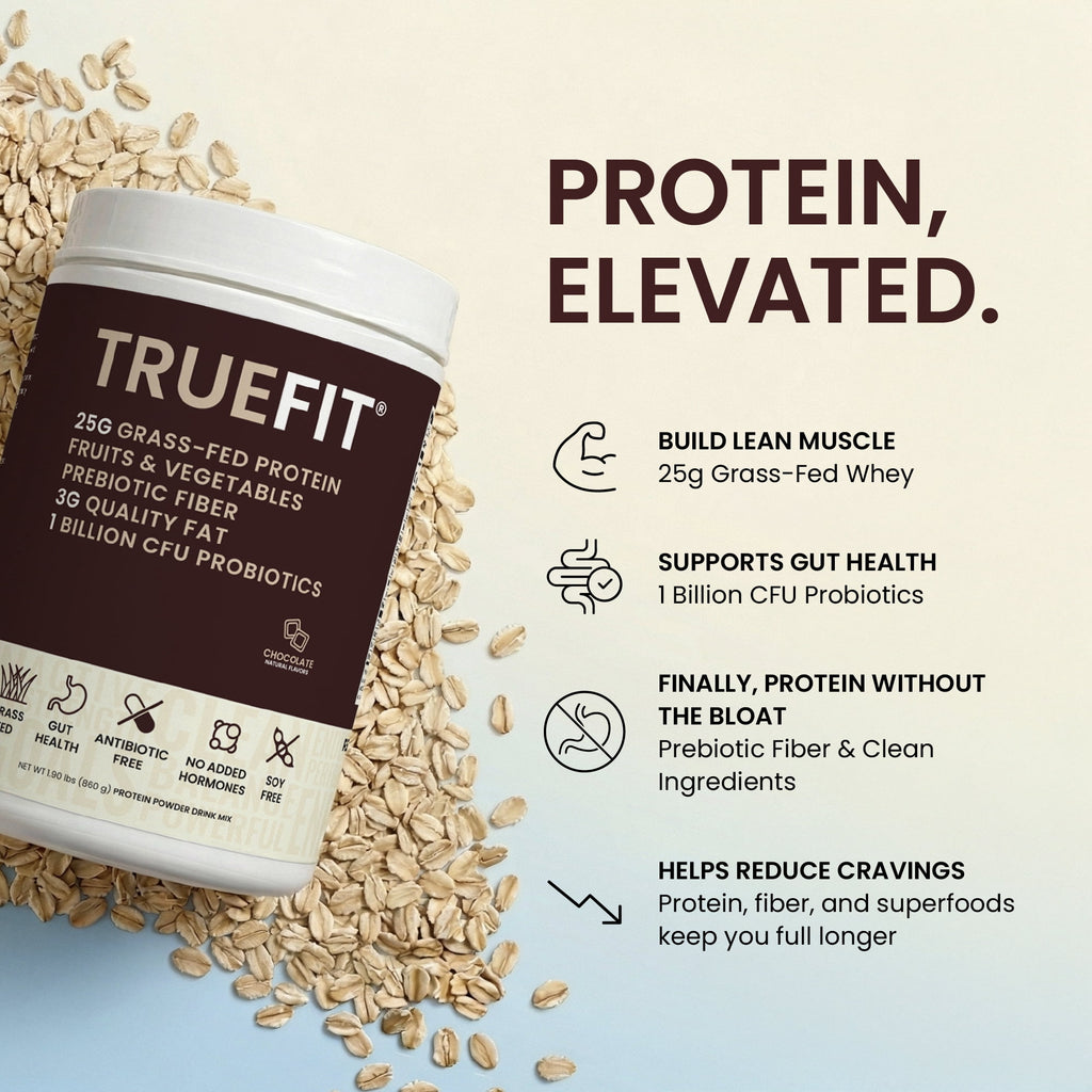 TrueFit High Fiber Protein Powder, Grass-Fed Whey Meal Replacement Shake with Prebiotics, Probiotics, & Organic Superfoods, Keto Friendly, Gluten Free
