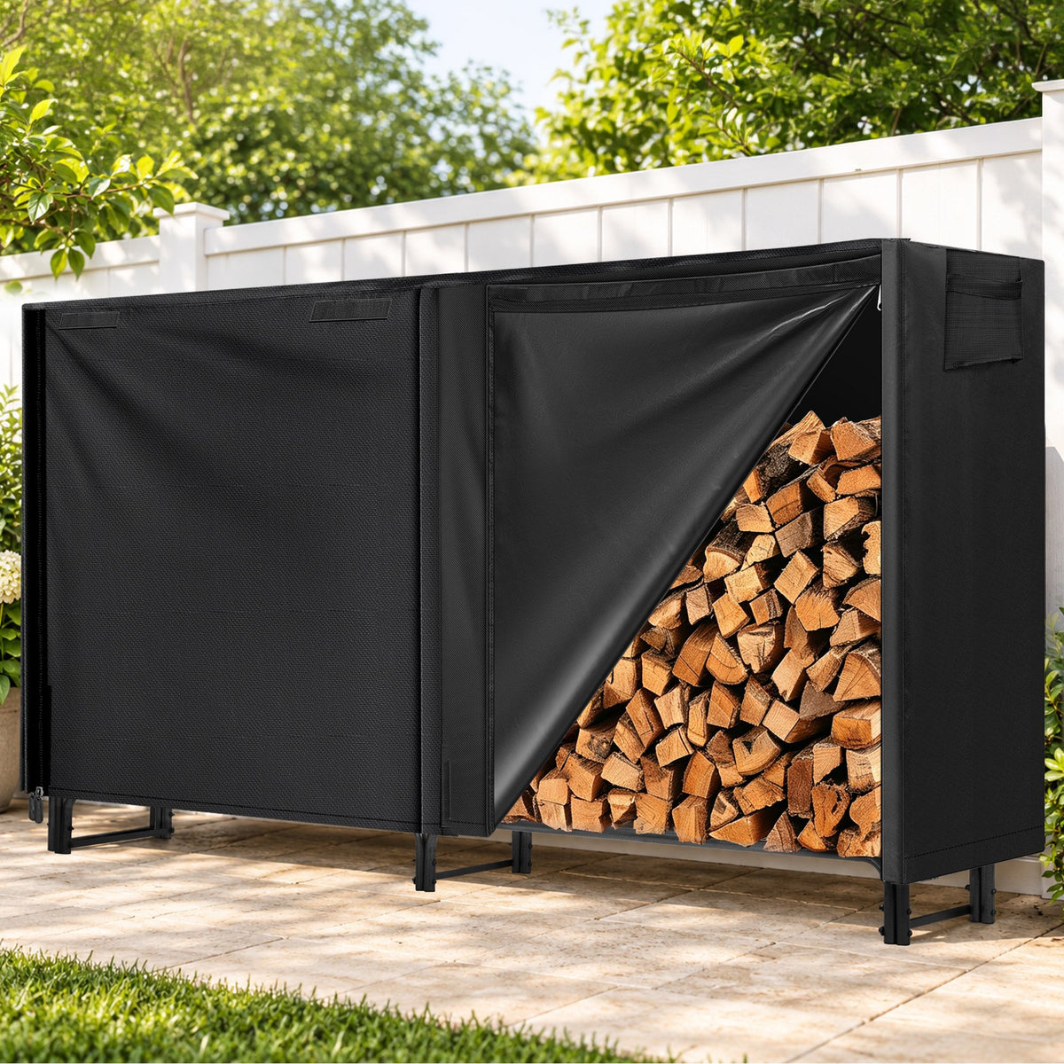 SPECSTAR 8ft Heavy Duty Indoor Outdoor Firewood Storage Log Rack with Cover Combo Set Black