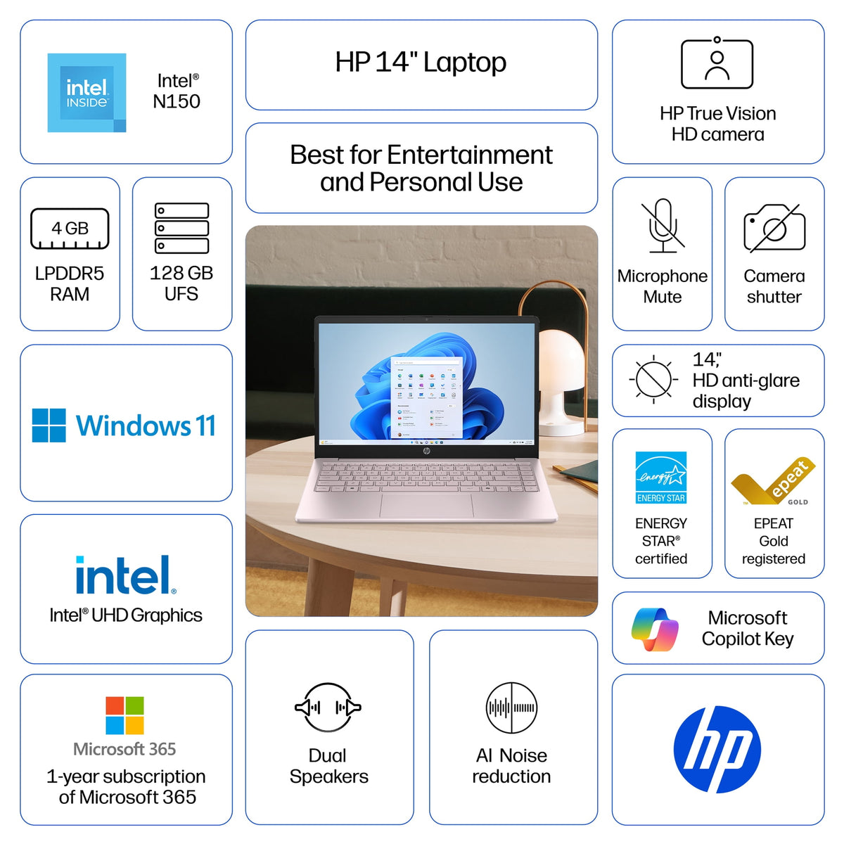 HP 14-inch HD Windows 11 Laptop, Intel N150, 4GB RAM, 128GB Storage, Tranquil Pink, 14-ep2111wm