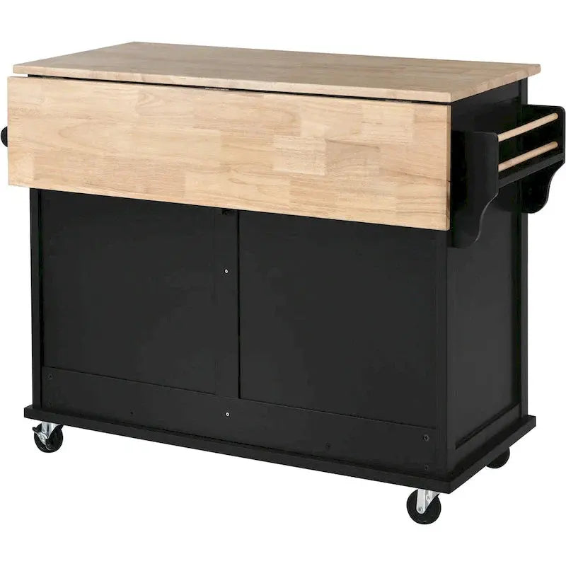 Rubberwood Kitchen Island Cart With Drop-Leaf Countertop, Concealed Barn Door Storage And 4 Locking Casters - 52.2 x 30.5 x 36.6 Inches