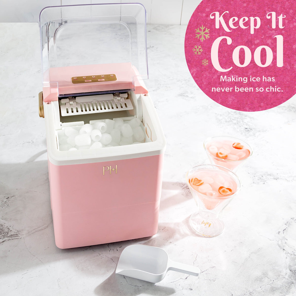 Paris Hilton Portable Ice Maker, Compact Countertop Ice Machine with Scoop, 26 lbs/Day, Pink
