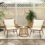 3-Piece Rattan Patio Conversation Set With Glass-Top Bistro Table, Two Wide-Arm Chairs And Seat Cushions