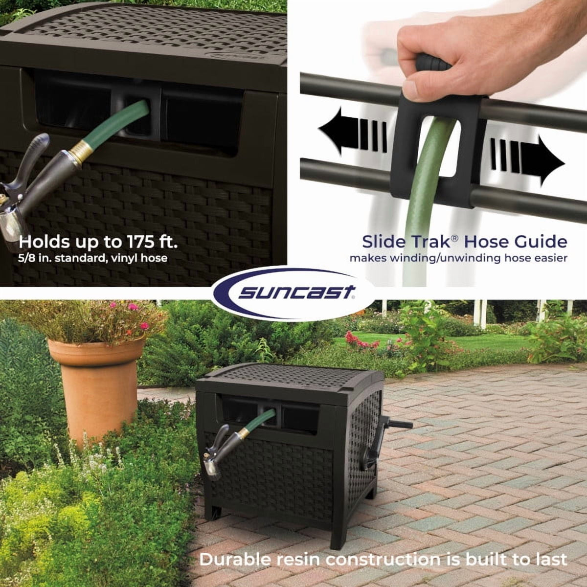Suncast 175 Foot Slide Trak Outdoor Garden Resin Water Hose Reel, Hose Hideaway, Mocha Brown
