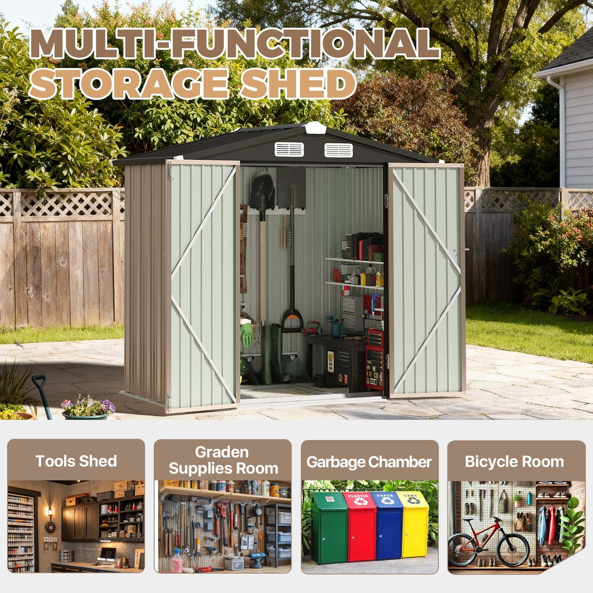 BaPiPro 6.2x4 FT Outdoor Storage Shed with Integrated Base - Heavy-Duty Metal Garden Tool Shed with Vents & Secure Locking Doors, Stable Frame