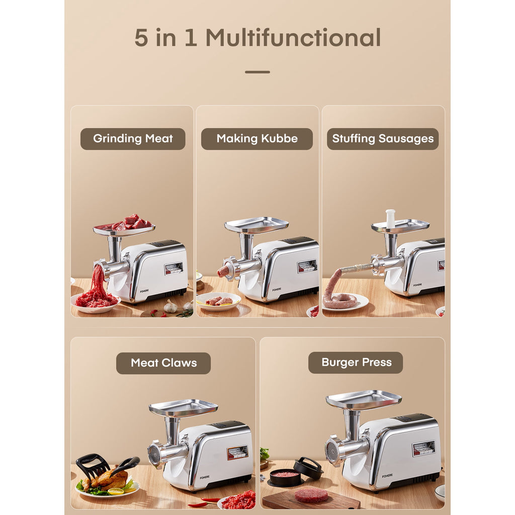 FOHERE Electric Meat Grinder Heavy Duty 3000W Max 5 in 1 Sausage Stuffer with 4 Stainless Steel Plates & 3 Blades, Sausage Kubbe Kit for Home &