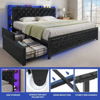 Moasis Queen Upholstered Faux Leather Platform Bed Frame With Headboard, 4 Storage Drawers, RGB LED Lights, USB-C Charging Ports - Black