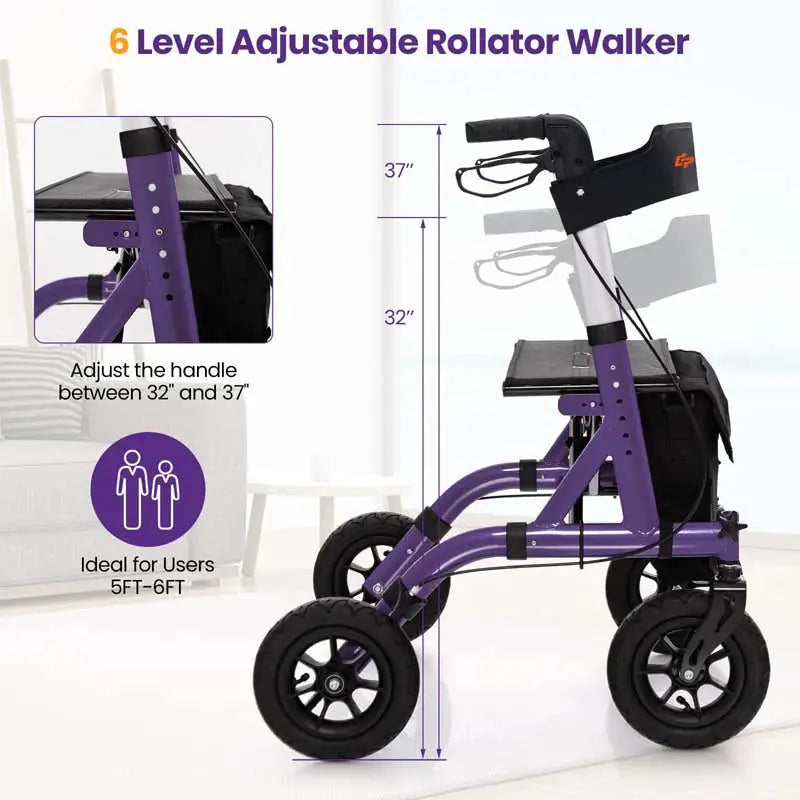Heavy-Duty Foldable Rollator Walker With 9.5in Pneumatic Wheels, Built-In Seat, Blue Or Purple