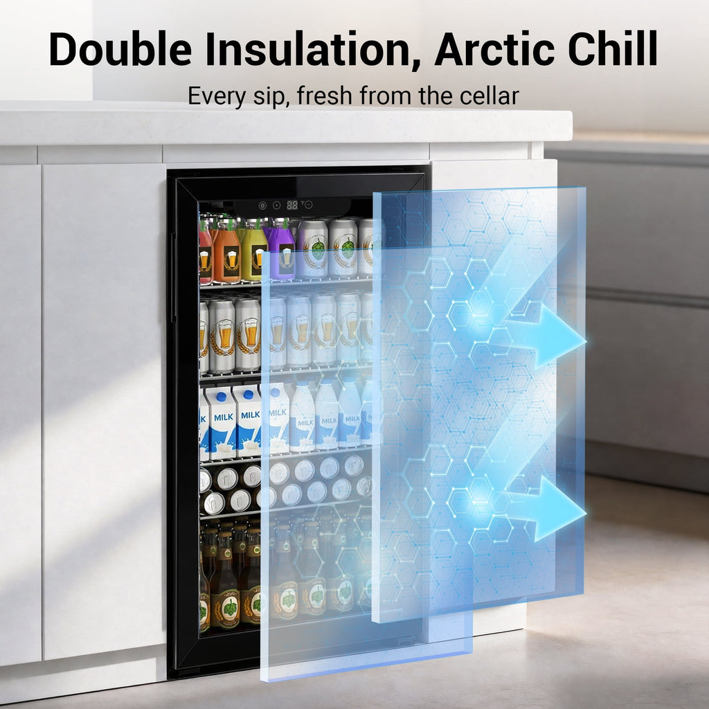 Snowyermine 130 Can Beverage Refrigerator and Cooler with Glass Door for Home, 17.3 in W, 31.5 in H, Black