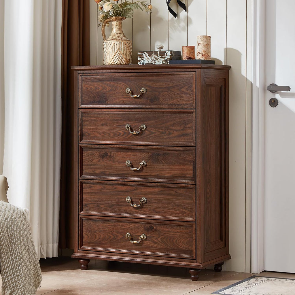 Joaxswe Farmhouse 5 Drawer Dresser, 31.5in W x 15.74in D x 44.9in H, Brown