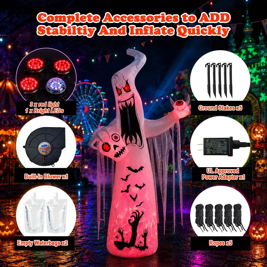Faburo 12 ft Halloween Inflatable Ghost with Skull and Bleeding Eyeball, Outdoor Blow Up Yard Decoration for Party and Garden