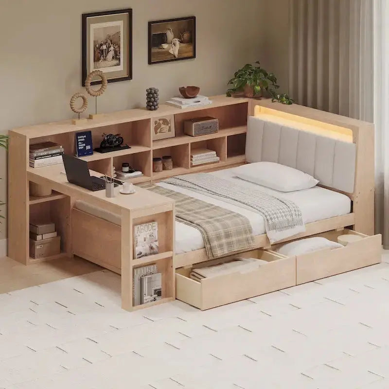 Ivery Furniture L-Shaped Upholstered Daybed With Desk, Bookcase, LED Headboard And Storage
