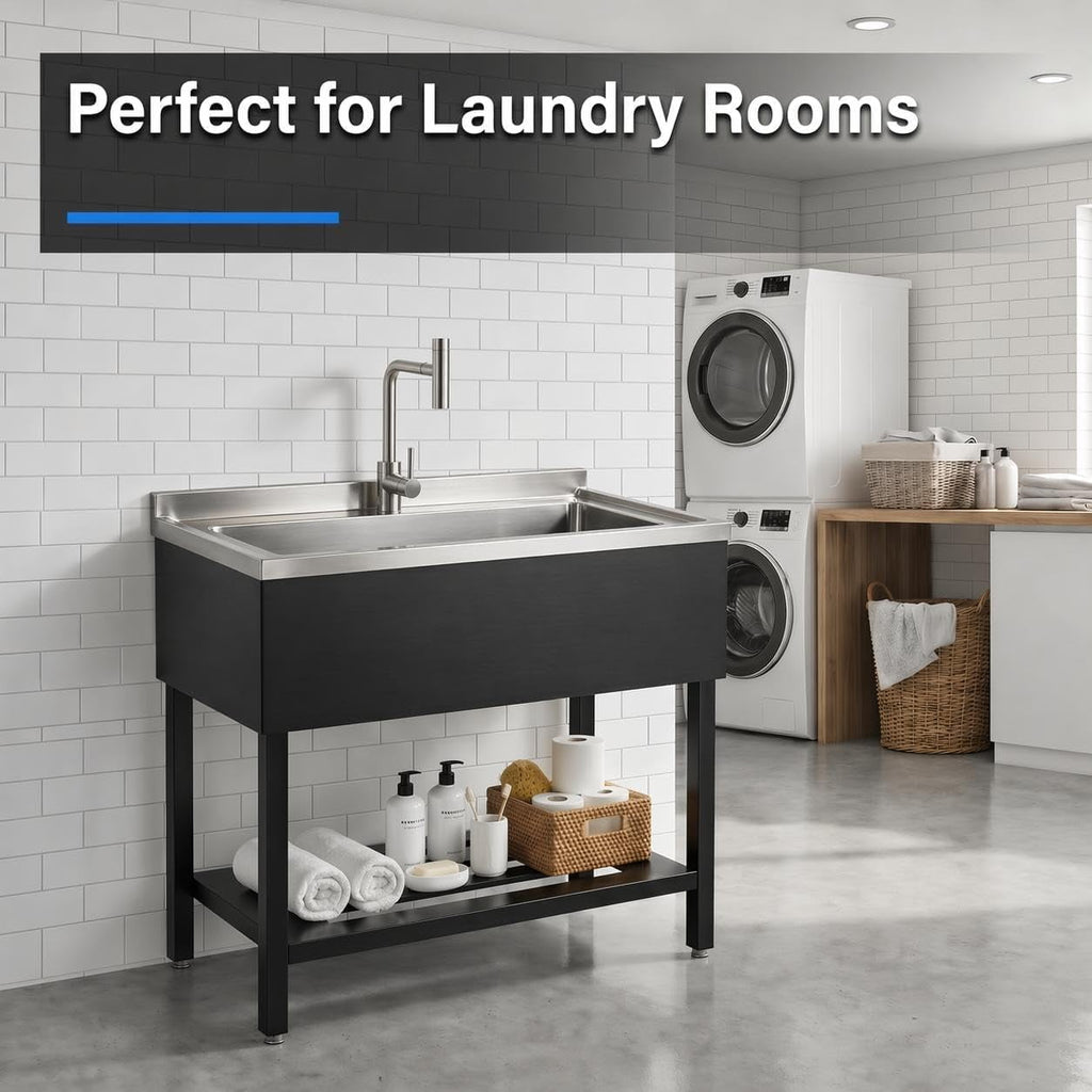 Commercial Stainless Steel Utility Sink, Heavy-Duty Freestanding Basin with Pull-Down Faucet for Garage Laundry Workshop, Silver/Black