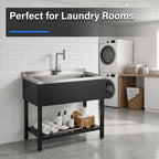 Commercial Stainless Steel Utility Sink, Heavy-Duty Freestanding Basin with Pull-Down Faucet for Garage Laundry Workshop, Silver/Black