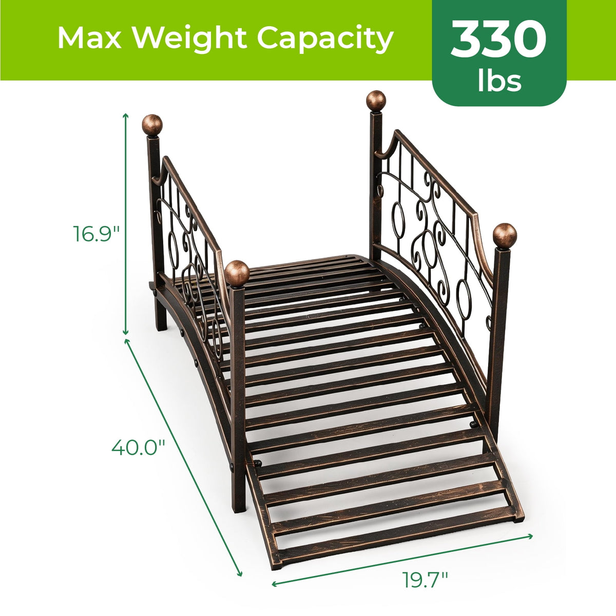Ktaxon 3.3ft Wrought Iron Garden Footbridge with Flat Top Railings & Spherical Finials, Ornamental Pond Bridge for Yard Antique Bronze