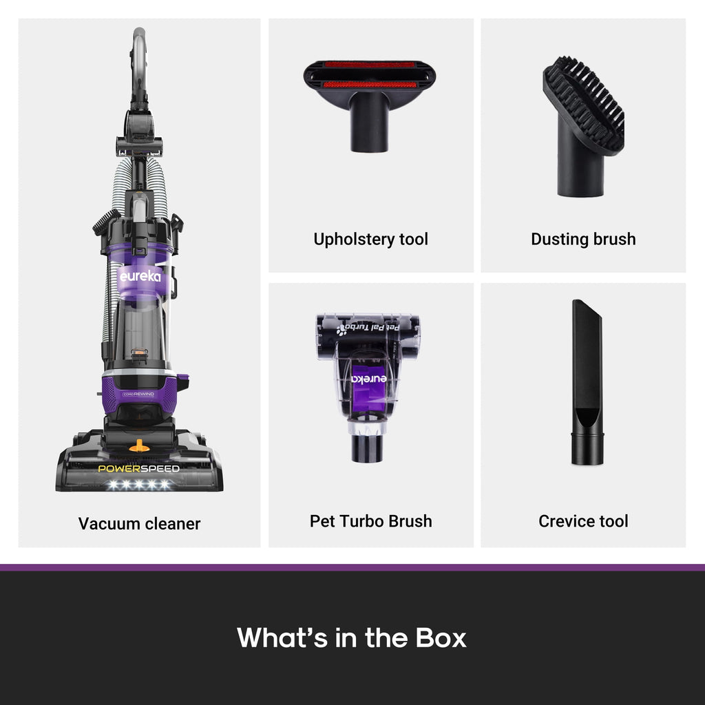 Eureka PowerSpeed Multi-Surface Upright Vacuum Cleaner with Cord Rewind, Turbo Pet Tool, Crevice Tool, Dusting Brush and Upholstery Brush, Purple