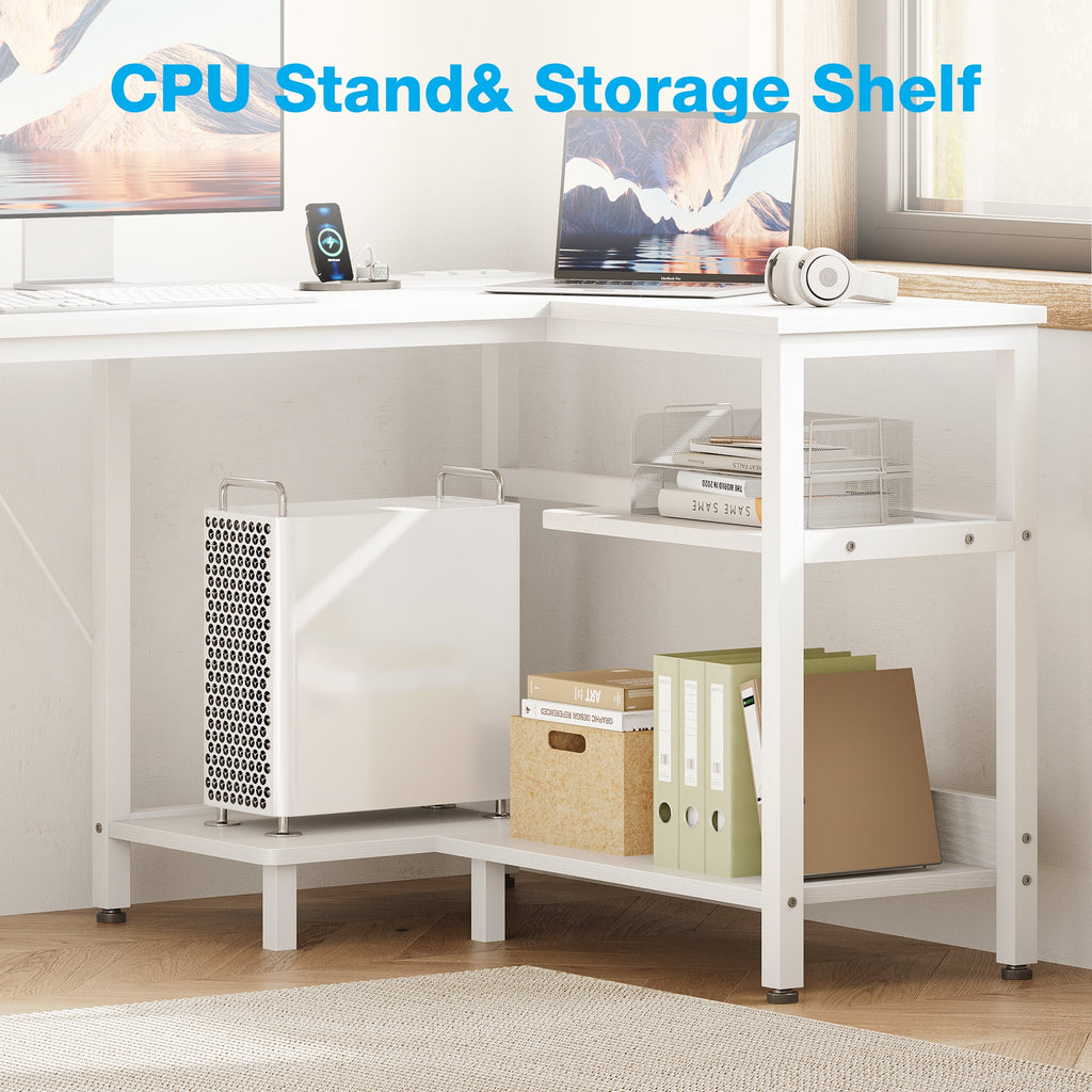 Casacomoda L Shaped Desk with Power Outlets, Large Computer Desk with File Drawer, Home Office Desk with Printer Stand & Storage Shelves, Corner Desk