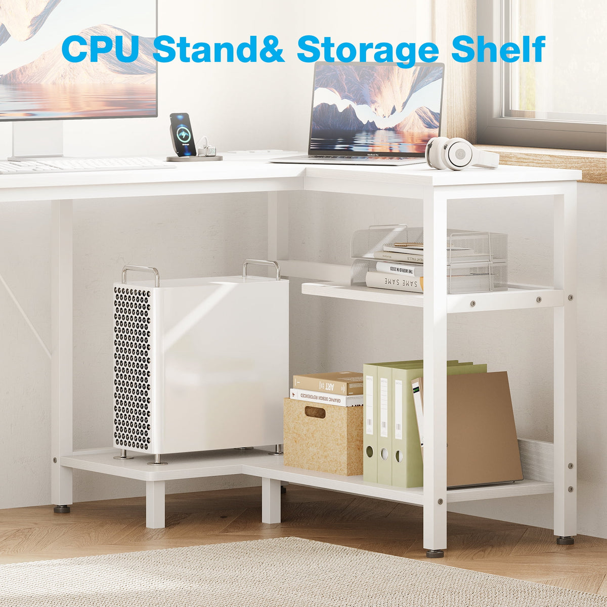 Casacomoda L Shaped Desk with Power Outlets, Large Computer Desk with File Drawer, Home Office Desk with Printer Stand & Storage Shelves, Corner Desk