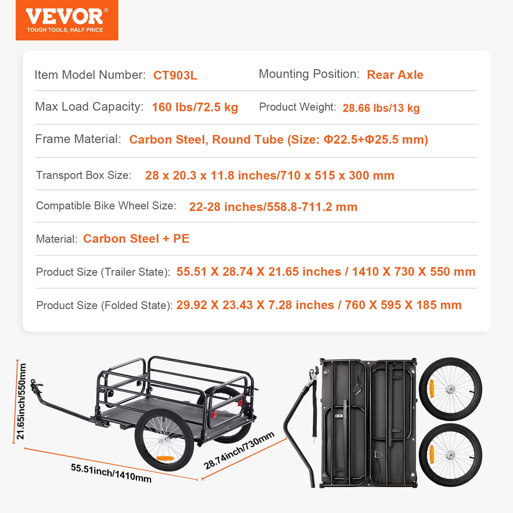 VEVOR Bike Cargo Trailer, 160 lbs Load Capacity, Heavy-Duty Bicycle Wagon Cart, Foldable Compact Storage & Quick Release with Universal Hitch, 16"