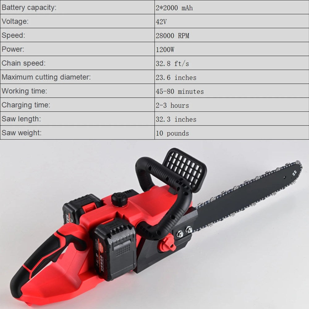 16 Inch 42V Brushless Cordless Chainsaw Kit, 1200W With 2x2000mAh Batteries And 2 Chains