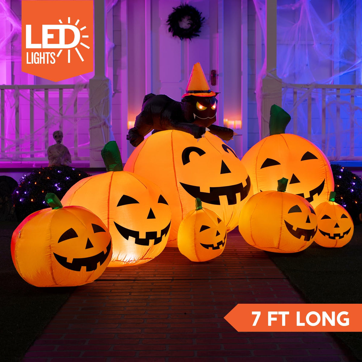 Joyfy 7 ft Halloween Inflatable Long Pumpkin with Witch's Cat Decorations Inflatables with Build-in LEDs, Halloween Decor Outdoor Blow Up Yard Decorations